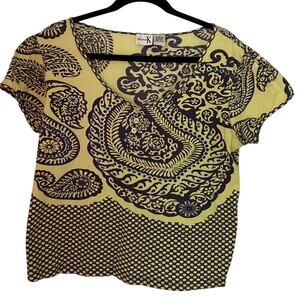 Shana K Beaded Paisley Top Medium Yellow Purple Boho Y2K Embellished Blouse
